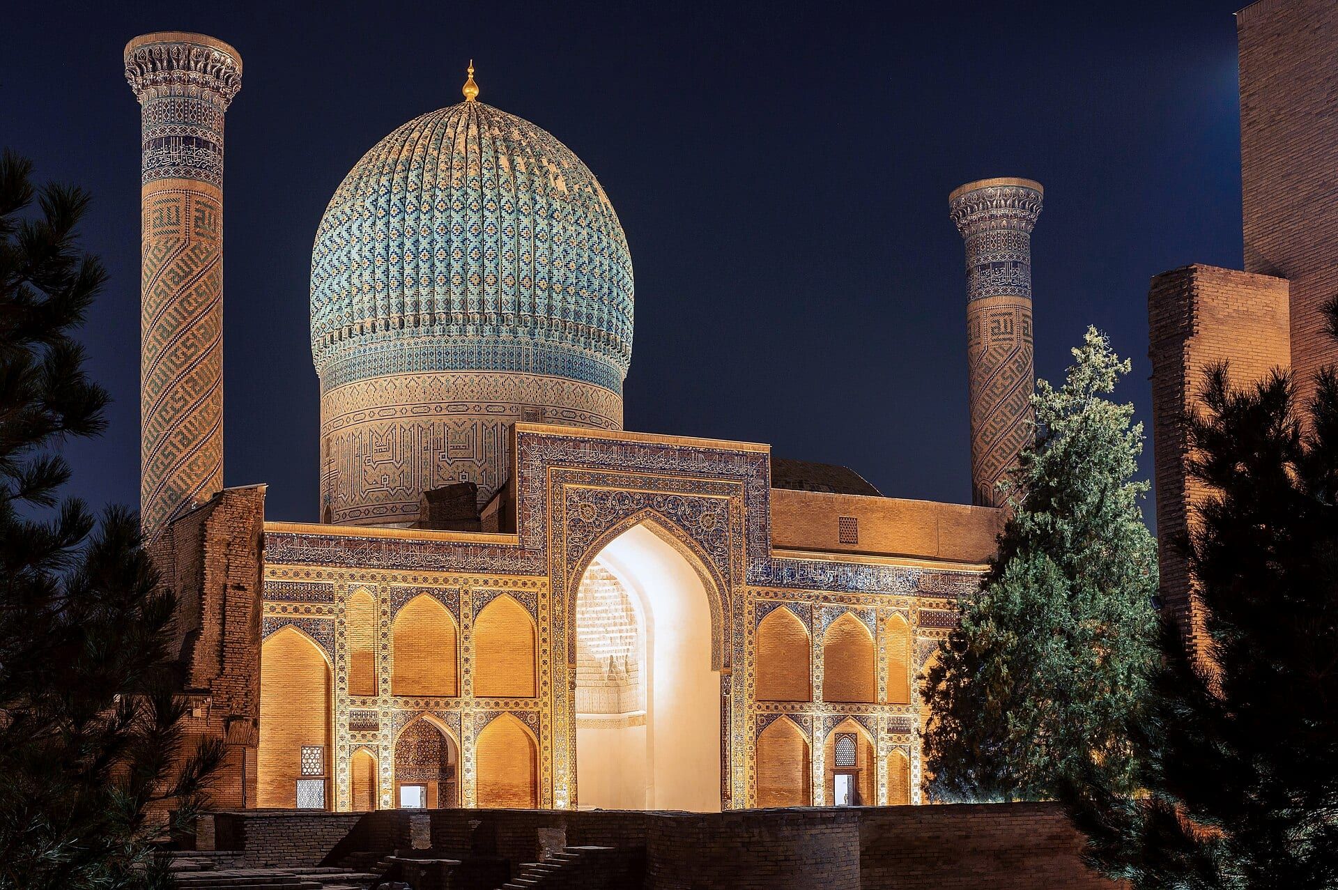 The ribbed turquoise dome of the Gur-e-Amir mausoleum in Samarkand.